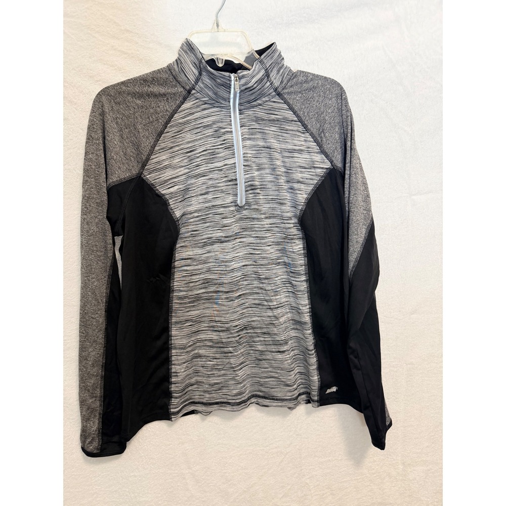 Avia Womens Quarter Zip Pullover Space Dye Colorblock Long Sleeve Gray Black L